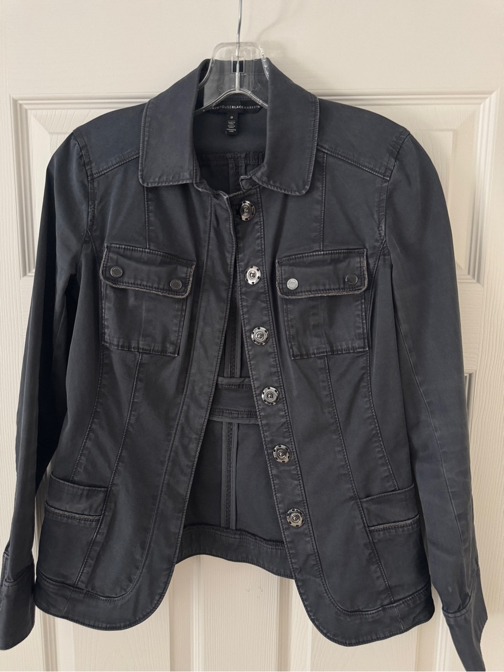WHBM Gray Button-Front Jacket, metallic trim, size 0.